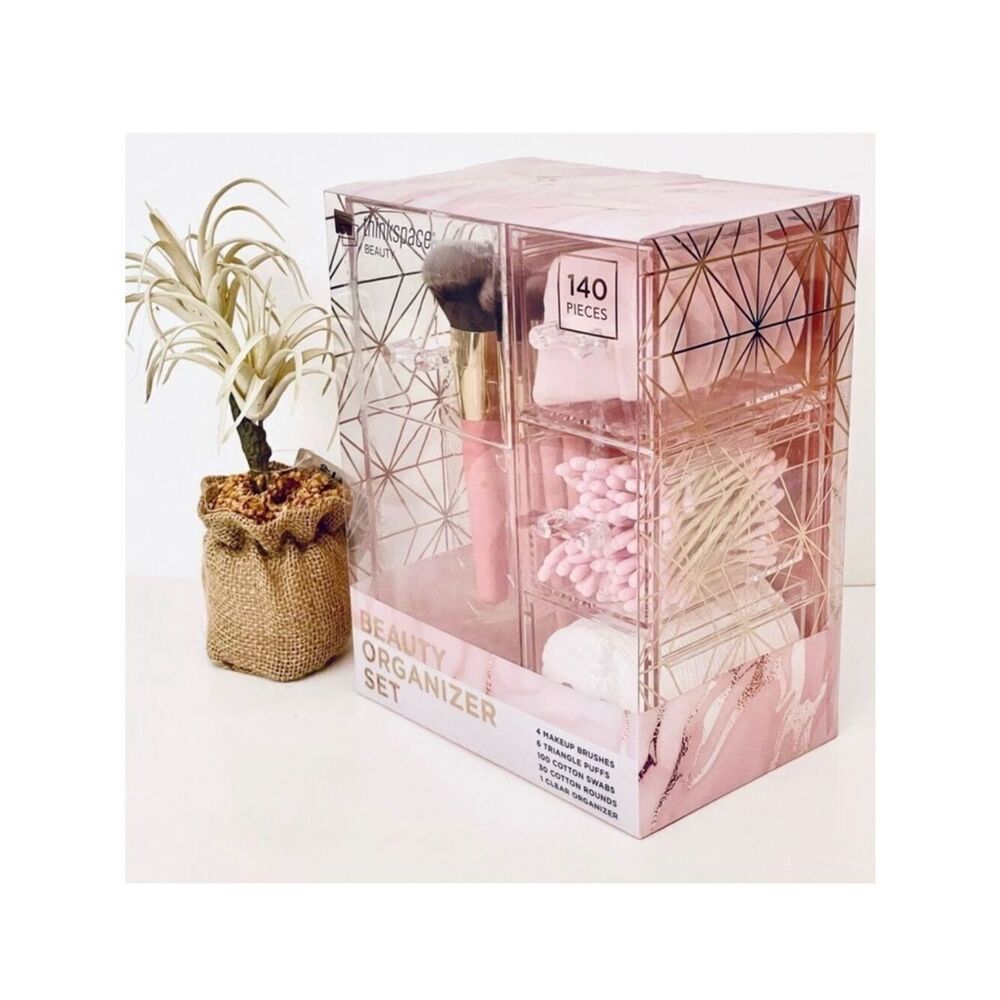 NWT Thinkspace Beauty 140 Pieces Clear Pink Organizer Set 4 Brushes, Cotton etc